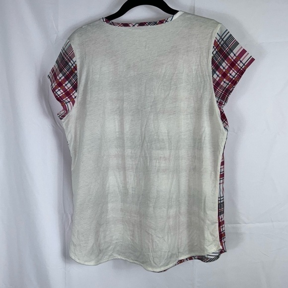 Van Heusen Blouse Short Cap Sleeve Scoop neck V-Cut out Plaid Striped Casual Top - Picture 6 of 9